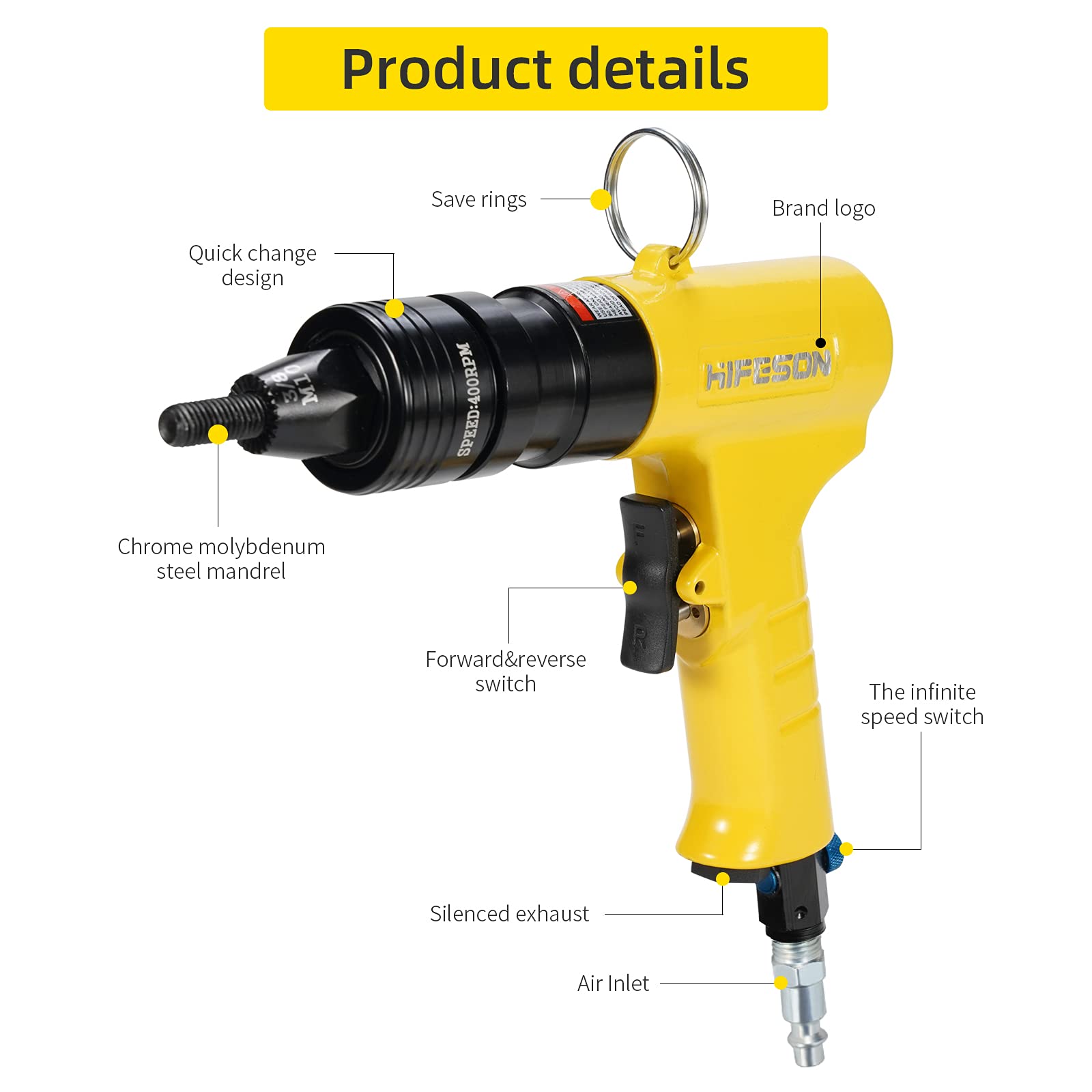 HIFESON Professional Pneumatic Rivet Nut Gun - 1/4