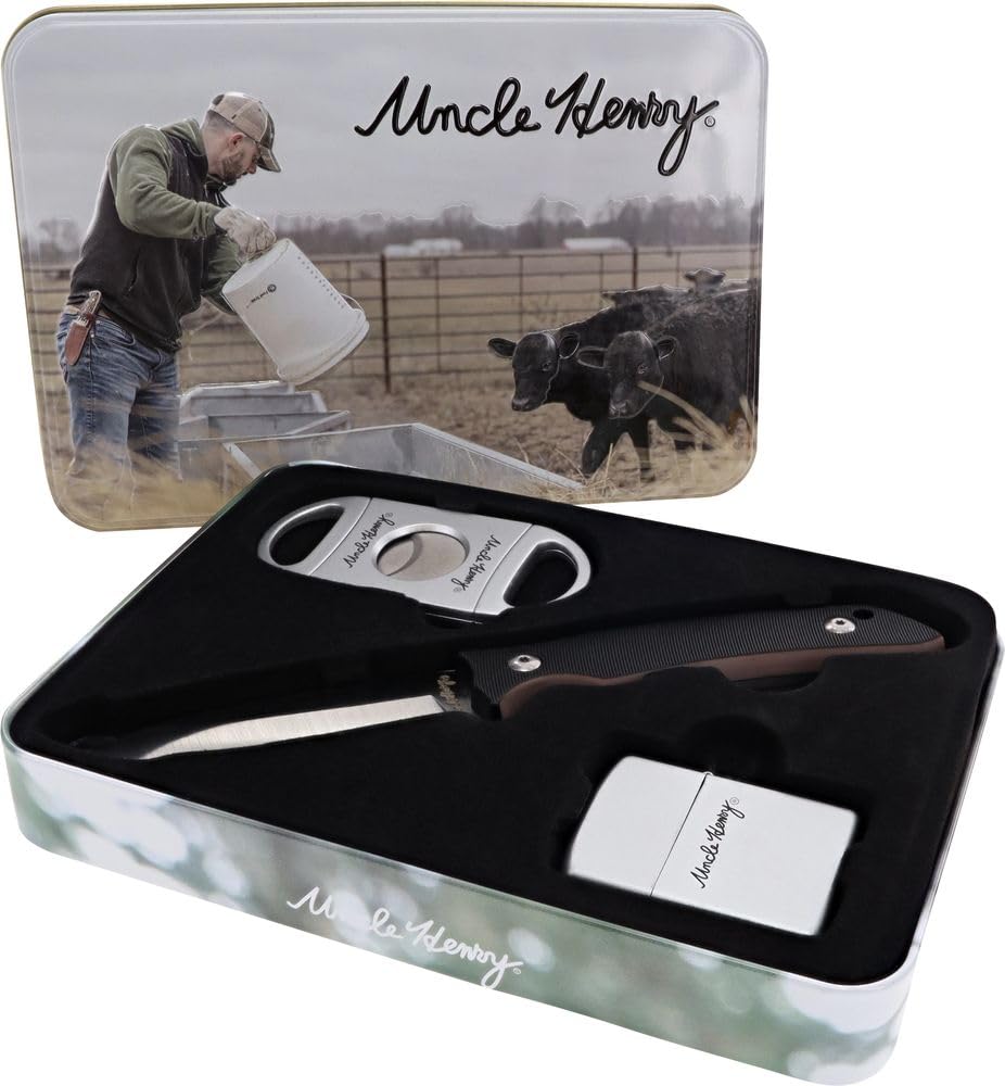 Uncle Henry Fixed Blade Knife with Lighter & Cigar Cutter Set - Premium Hunting Knife, Survival Tool & Outdoor Accessories - Perfect for Camping, Hiking & Gifts in Decorative Tin Box
