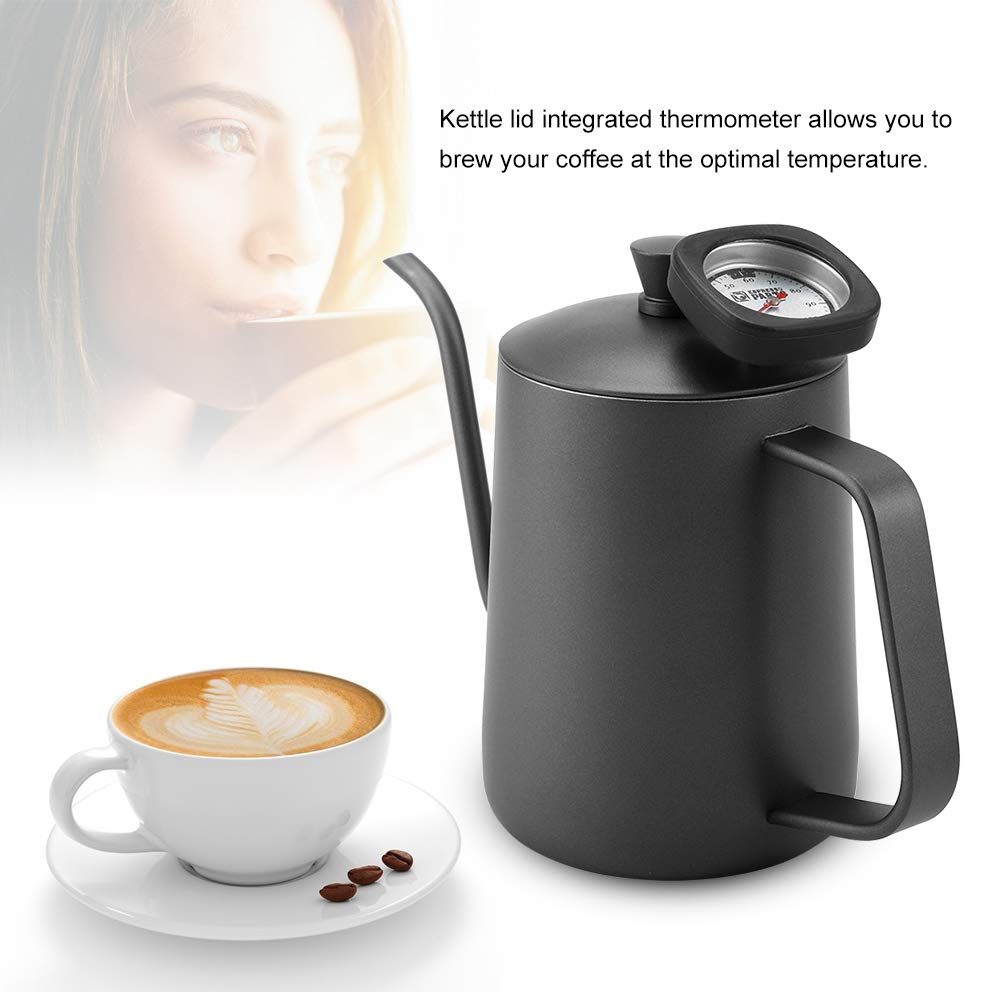 Premium 600ml Stainless Steel Gooseneck Coffee Kettle with Built-in Thermometer - Perfect for Pour Over Coffee, Tea Brewing & Home Kitchen Use (Black) - Ideal for Baristas, Coffee Enthusiasts & Home Brewing