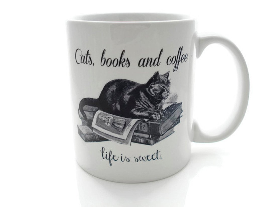 11 Oz Coffee Mug - Cats, Books & Coffee Themed Ceramic Cup for Tea & Hot Drinks - Perfect Gift for Cat Lovers & Bookworms - Ideal for Home, Office & Cozy Reading Moments