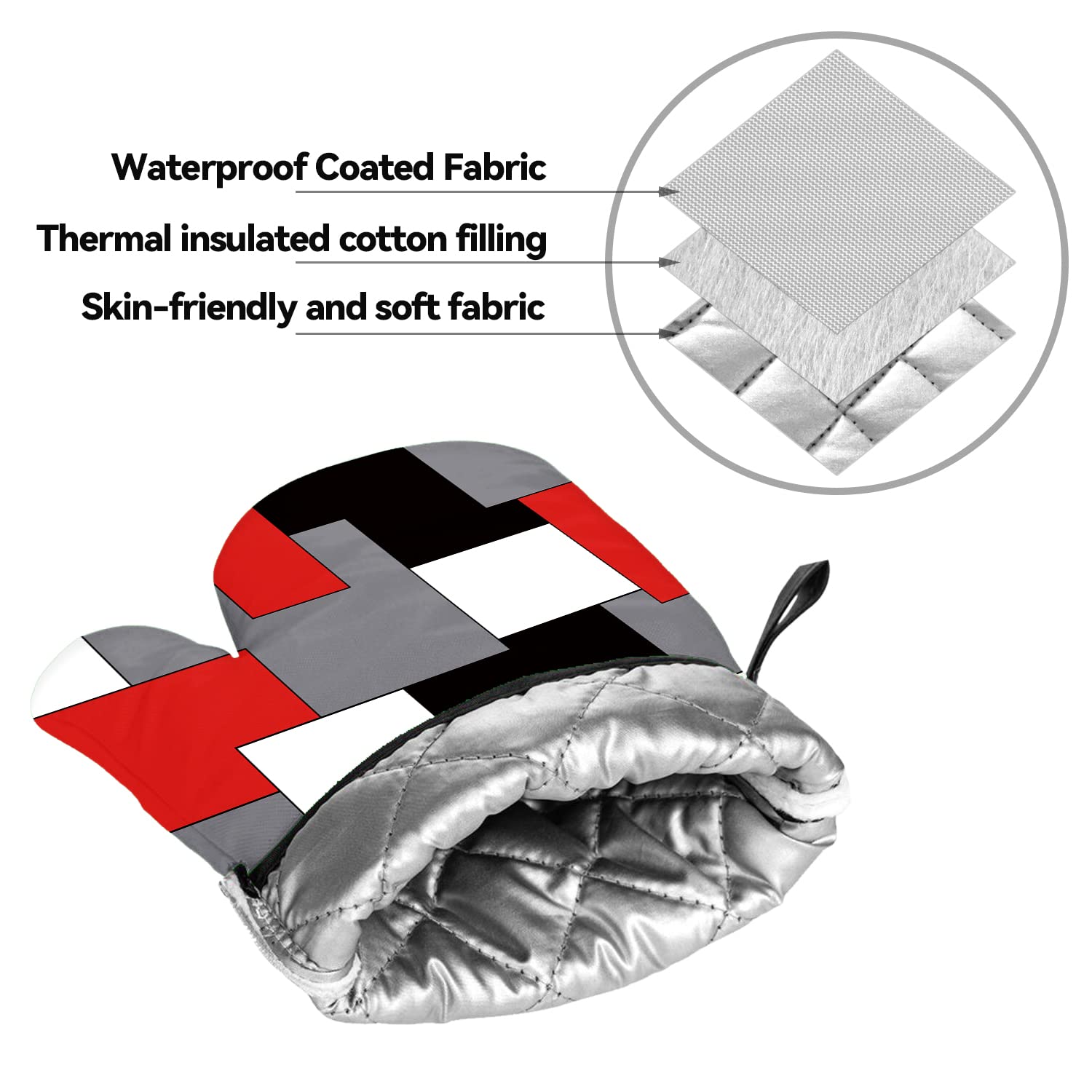 Heat Resistant Oven Mitts and Pot Holders Set of 4 - Red Black Grey White Geometric Design for Kitchen Baking, Cooking, Grilling - Perfect for BBQ, Baking Cookies, Handling Hot Pots & Pans