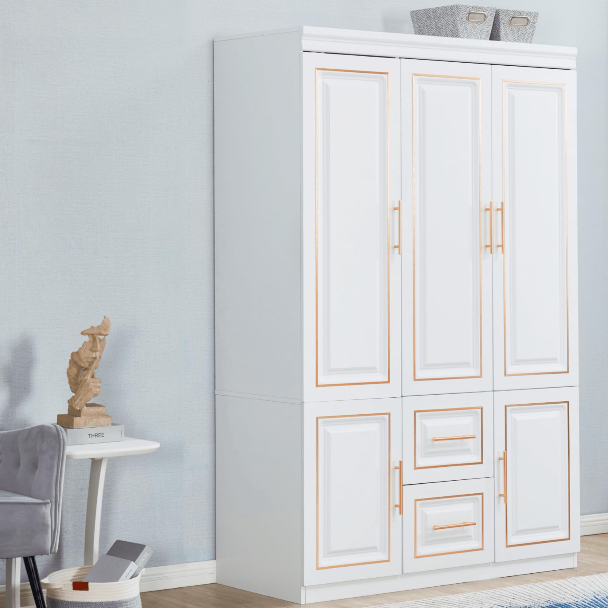 White Wooden Wardrobe Closet Armoire with Hanging Rod & Shelves - Bedroom Storage Cabinet for Clothes, Shoes & Accessories | Perfect for Small Spaces, Apartments & Dorm Rooms