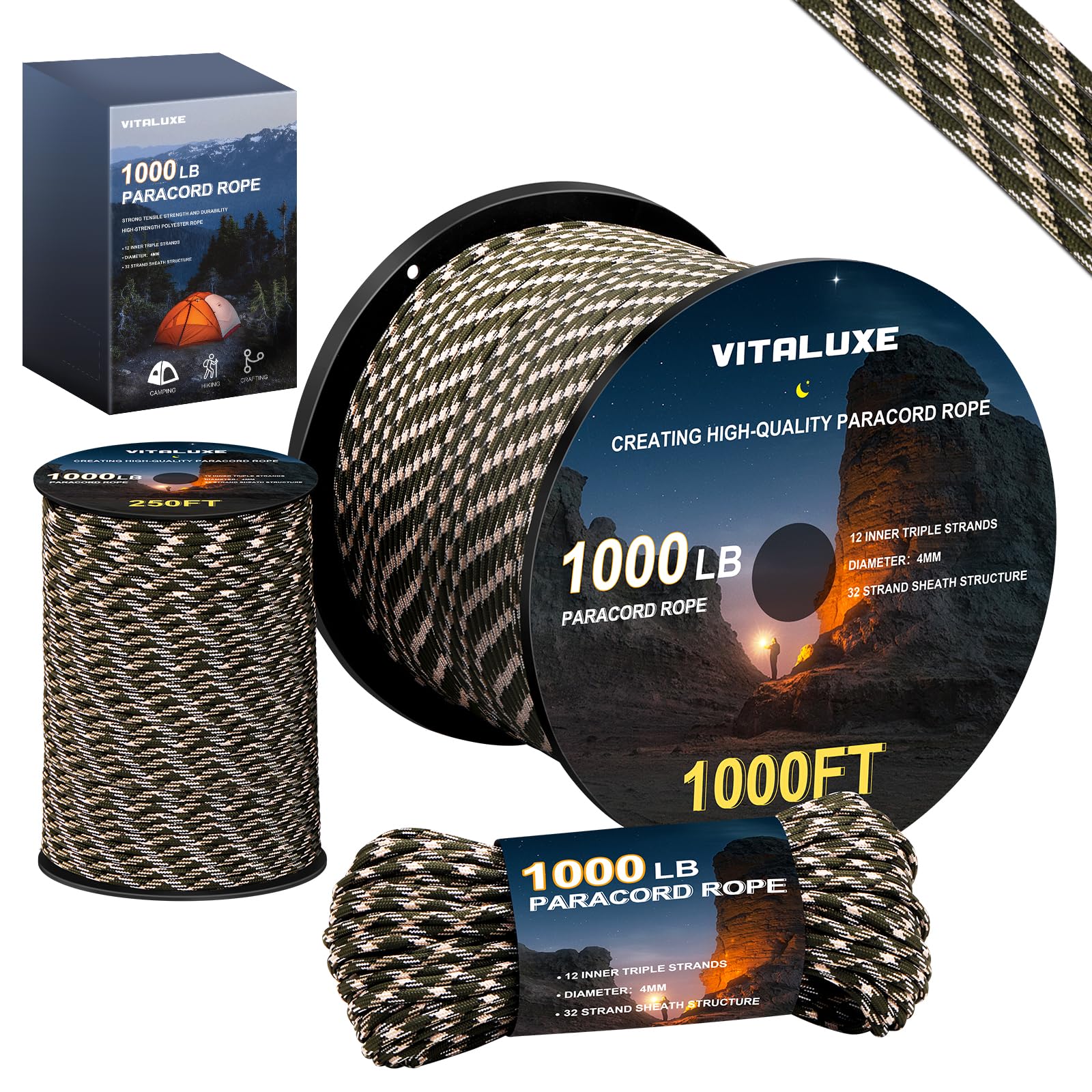 4mm 1000lb Paracord Rope - Heavy Duty Tactical Cord for Survival, Camping & Hiking Gear