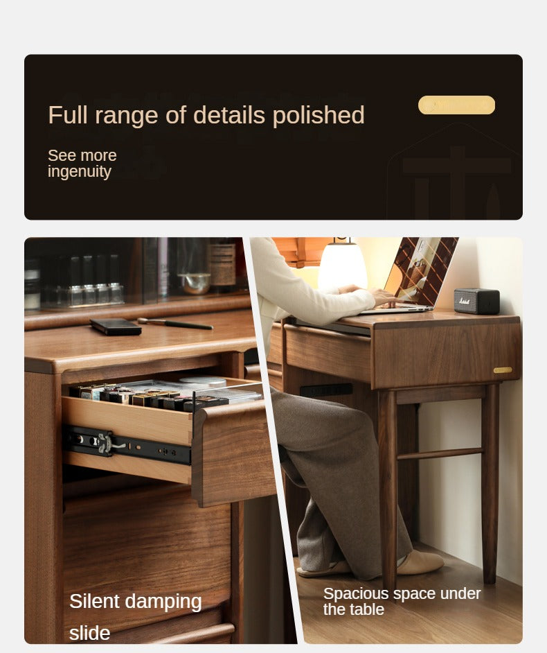 Luxury Black Walnut Solid Wood Vanity Dressing Table with Mirror - Perfect for Bedroom, Makeup & Beauty Organization