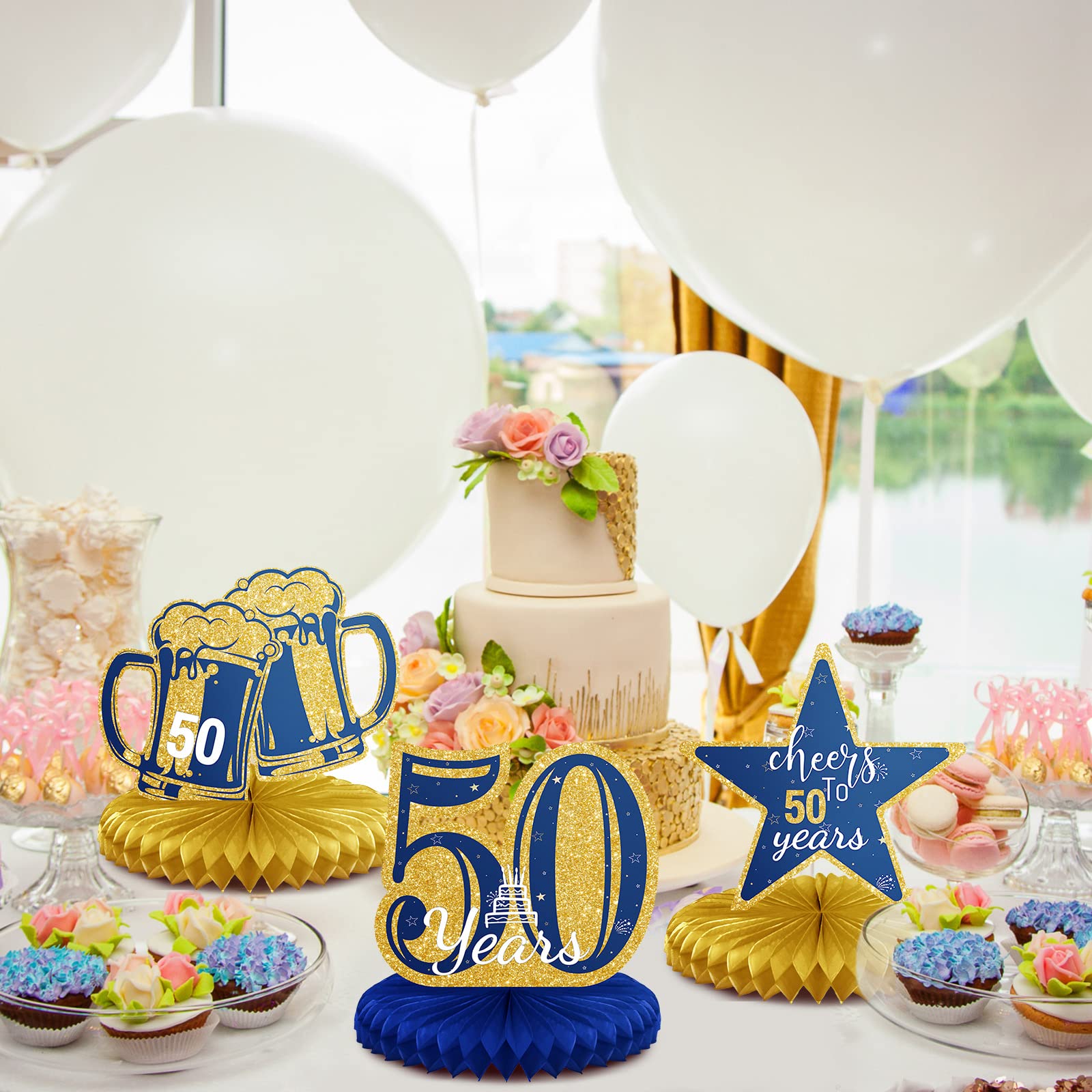 8-Piece 50th Birthday Party Decor Set - Glitter Blue & Gold Honeycomb Centerpieces for Tables - Golden Anniversary Decorations for Men & Women - Perfect for Milestone Celebrations, Retirement Parties & Anniversary Events