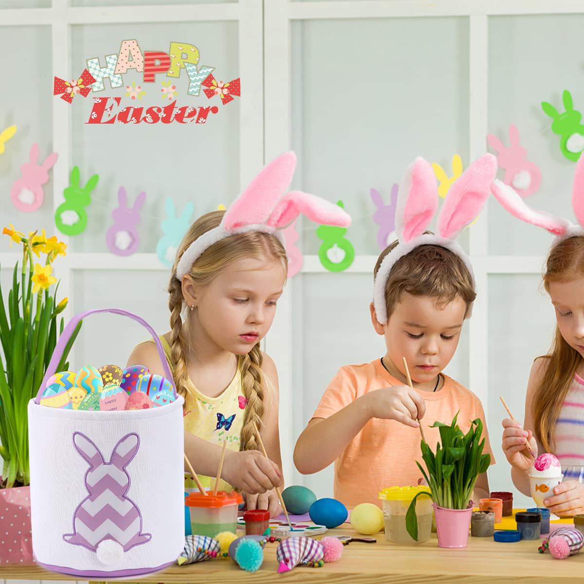 Easter Bunny Basket Bags for Kids - Striped Rabbit Pattern Cotton Canvas Egg Hunt Bag with Fluffy Tail - Personalized Easter Gift Basket for Candy, Eggs & Treats (Purple) - Perfect for Easter Egg Hunts, Party Favors & Spring Celebrations
