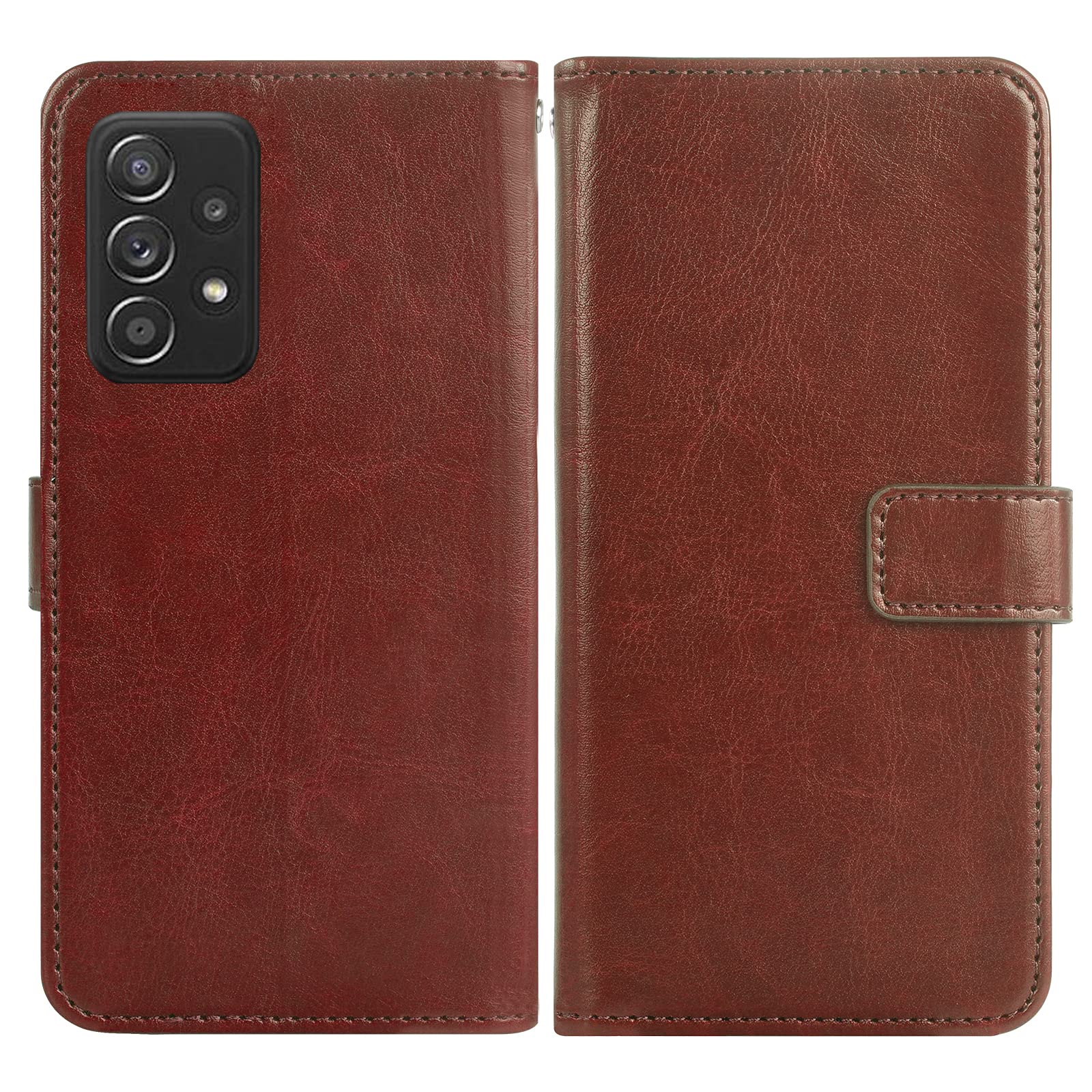 Premium Samsung Galaxy A52 5G/4G Wallet Case with Tempered Glass Screen Protector - Leather Flip Cover with Card Holder & Stand - Stylish Brown Phone Case for Men & Women - Perfect for Work, Travel & Daily Protection
