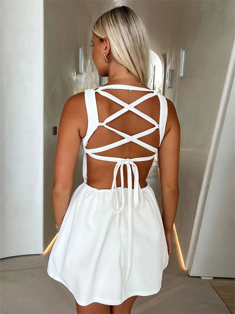 Sexy Backless Lace-Up Mini Dress for Women - Elegant O-Neck Sleeveless High Waist A-Line Club Party Dress | Perfect for Night Out, Date Night, Cocktail Parties & Special Occasions