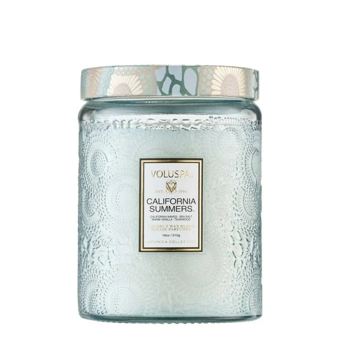 California Summers Large Embossed Jar Candle - Aromatherapy Scented Soy Wax Candle for Home Decor, Relaxation & Gift Giving - Perfect for Living Room, Bedroom & Spa