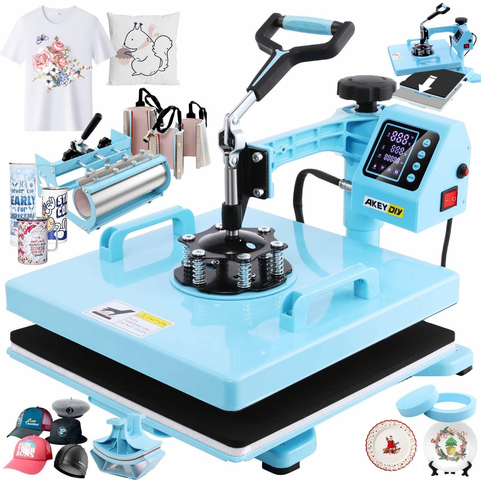 15x15 Inch AKEYDIY 8-in-1 Slide Out Heat Press Machine with 30OZ Tumbler Attachment - 1400W Sublimation Digital Printing Transfer Press for T-Shirts, Mugs, Caps & Plates | Perfect for DIY Crafts, Custom Apparel & Small Business Printing