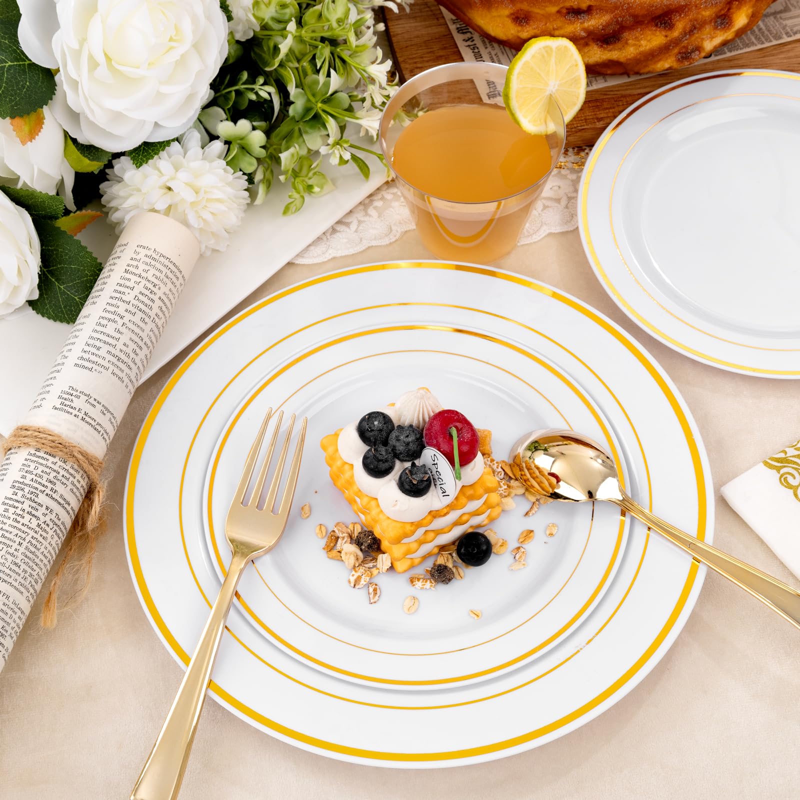 350-Piece Gold Plastic Dinnerware Set for 50 Guests - Disposable Plates, Forks, Knives, Spoons, Cups & Napkins - Elegant Party Tableware for Weddings, Birthdays & Events