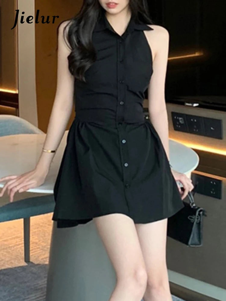 Black Halter Polo Neck Women's Shirt Dress - Slim Waist Sleeveless Solid Color Single Breasted Office Dress for Women | Perfect for Business Casual, Workwear & Summer Outfits