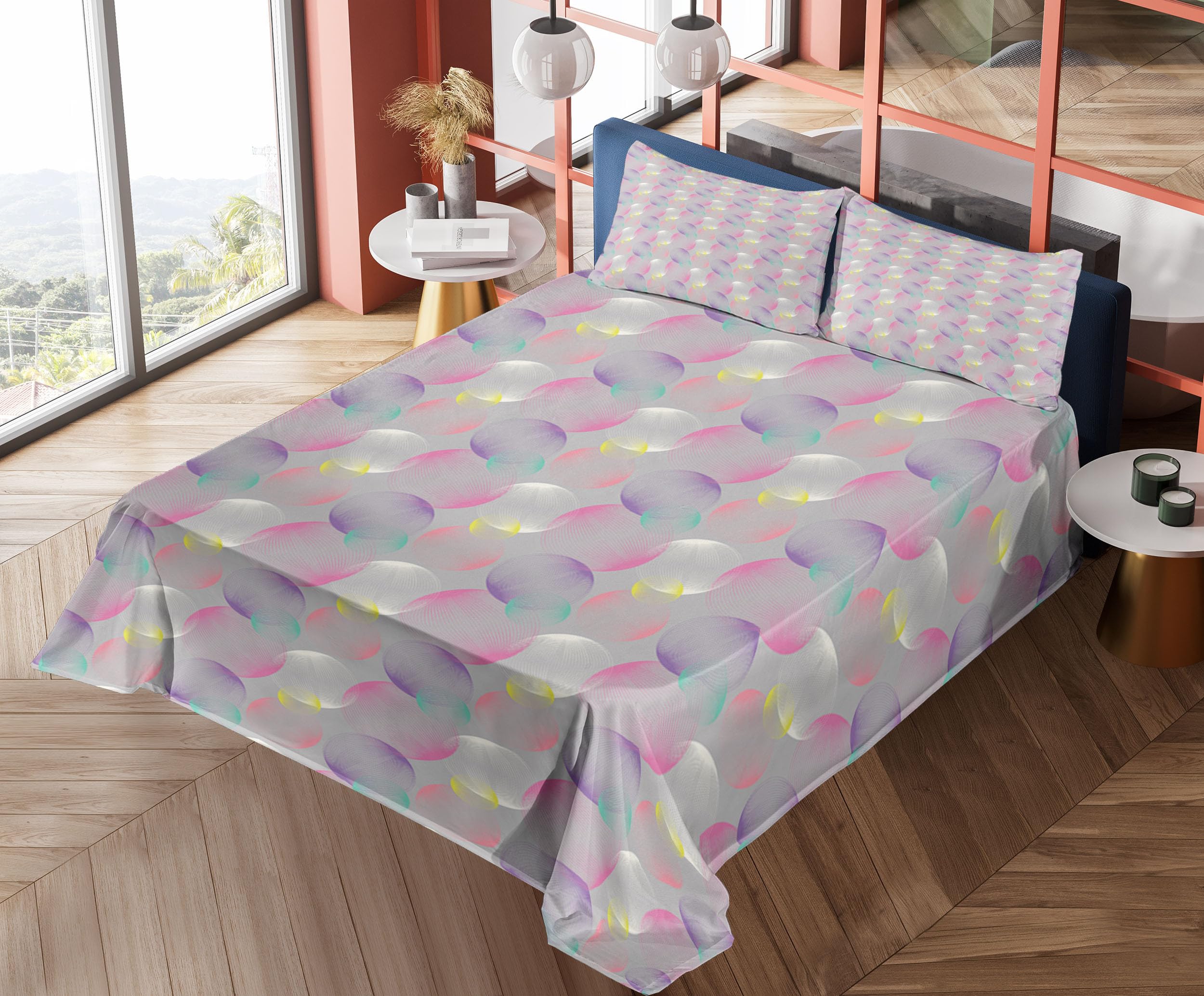 Ambesonne Abstract Sheet Set - Modern Striped Circles & Bubbles Design, 4-Piece Queen Size Bedding Set with Fitted Sheet, Flat Sheet & Pillowcases in Earth Yellow | Perfect for Contemporary Bedrooms, Guest Rooms & Dorm Decor