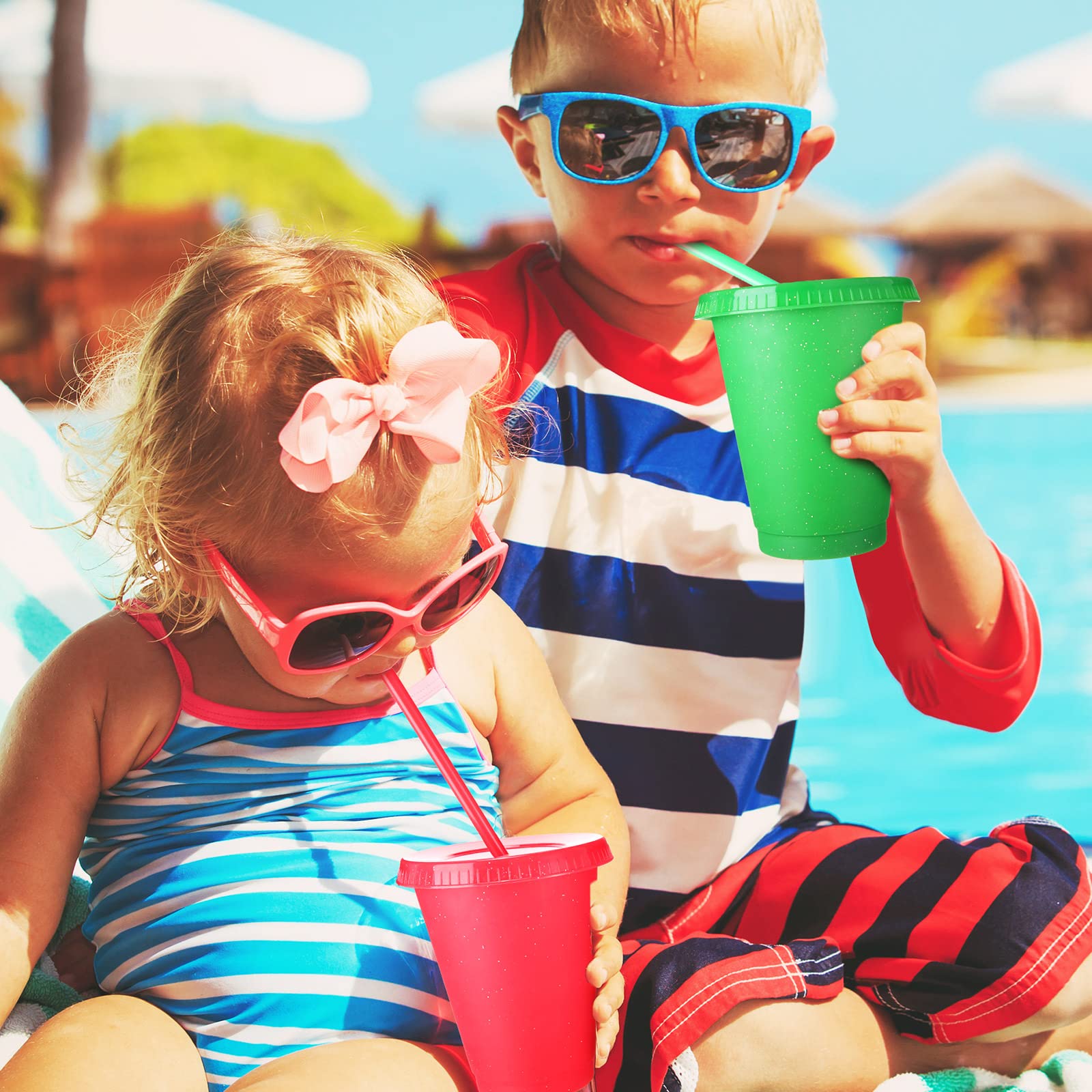16oz Reusable Plastic Tumbler Cups with Lids & Straws - 15 Pack Cute Color Kids Water Bottles for Travel, Iced Coffee, Parties & Daily Use - BPA-Free Spill-Proof Drinkware for Adults & Children