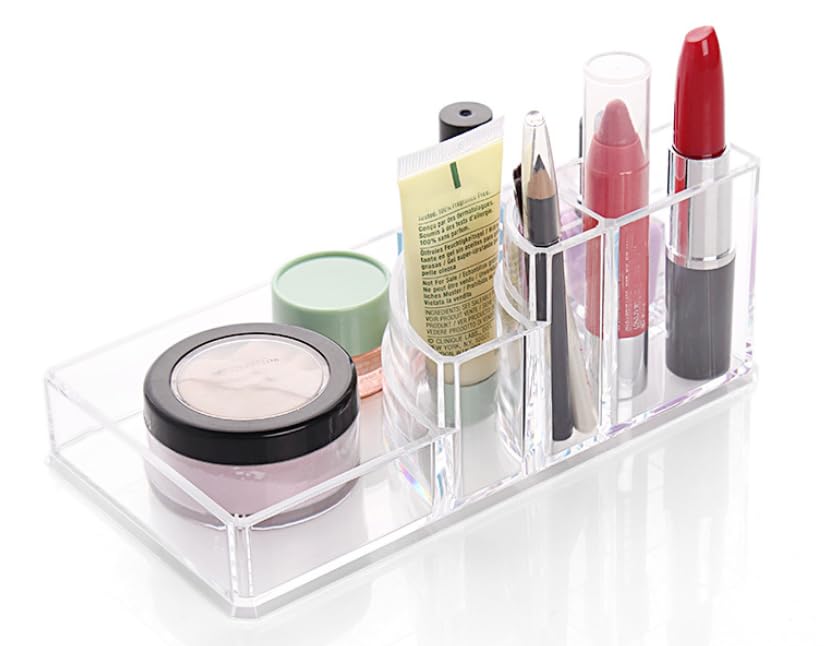 Kamay's 8-Compartment Clear Acrylic Makeup Organizer - Circular Arc Design for Lipstick, Makeup Brushes, Nail Polish & Essential Oils | Perfect for Vanity, Bathroom Counter & Travel Beauty Storage