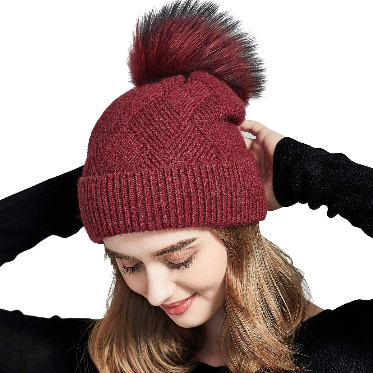 Women's Winter Knit Beanie Hat with Fur Pom Pom - Soft Wool Ski Cap for Warmth & Style - Perfect for Skiing, Snowboarding & Cold Weather Fashion