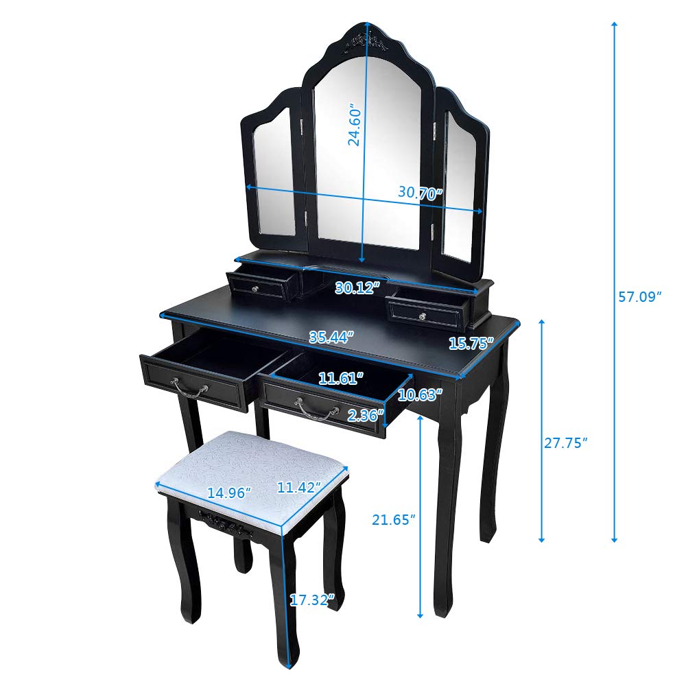 Tri-Fold Mirror Vanity Desk with Cushioned Stool - Black Makeup Dressing Table & Organizer for Bedroom, Dorm, or Beauty Salon