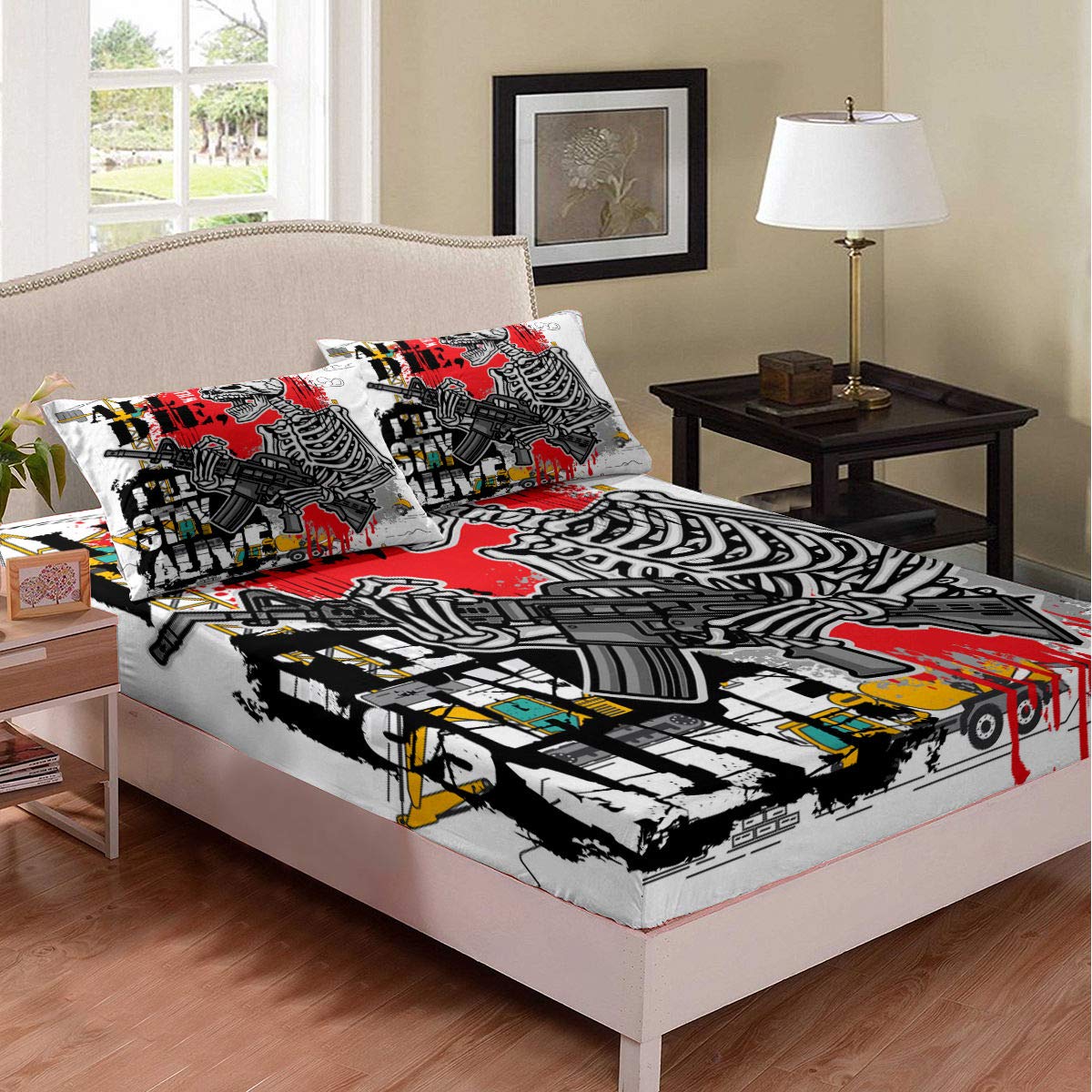 Bohemian Graffiti Twin Bed Sheet Set - Colorful Hippie Bedding for Kids with Skull Print, Includes Fitted Sheet & Pillowcase (2-Piece) | Perfect for Teen Rooms, Dorm Decor & Unique Gift Ideas