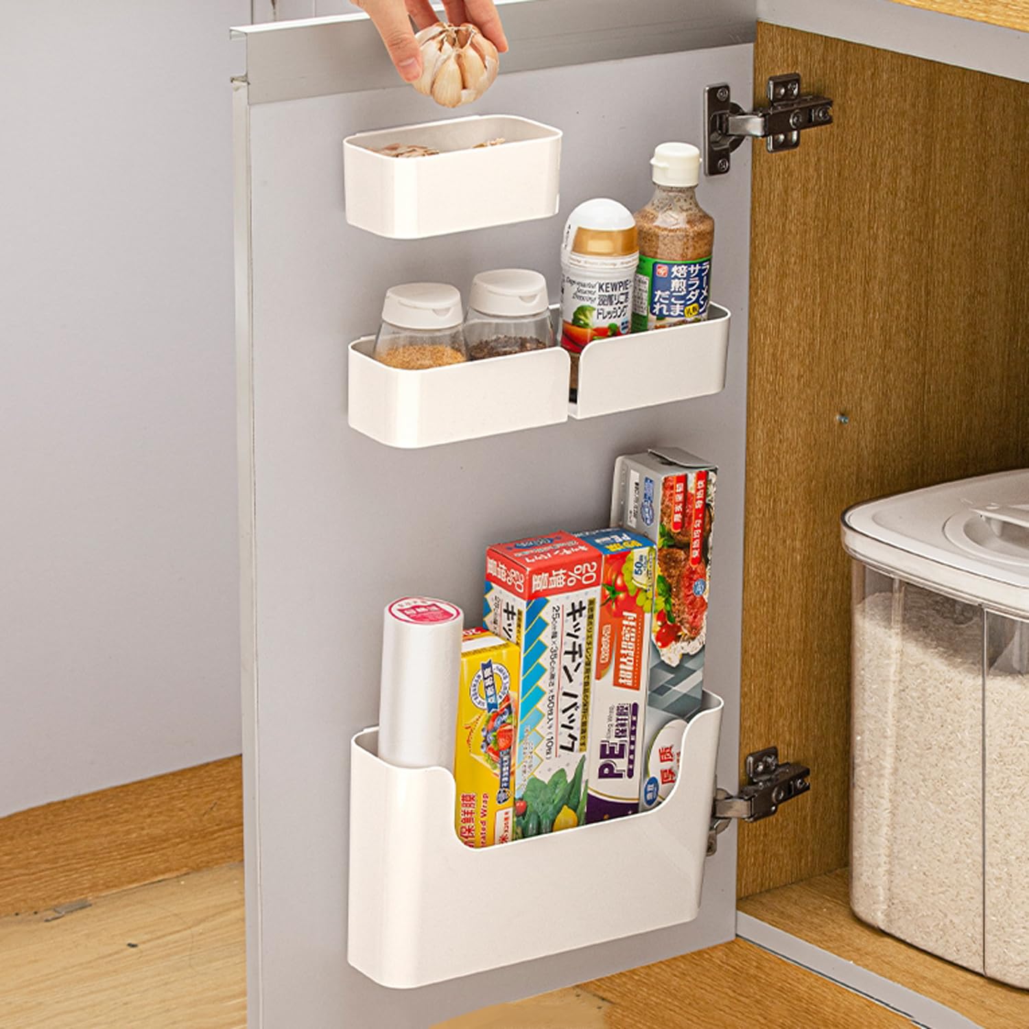 MORNITE 4-Pack Adhesive Cabinet Door Organizer - White Storage Shelves for Kitchen, Bathroom, RV, Pantry, Bedroom & Closet - Space Saving Door Rack for Spices, Cleaning Supplies & Toiletries - Perfect for Small Homes & Apartments