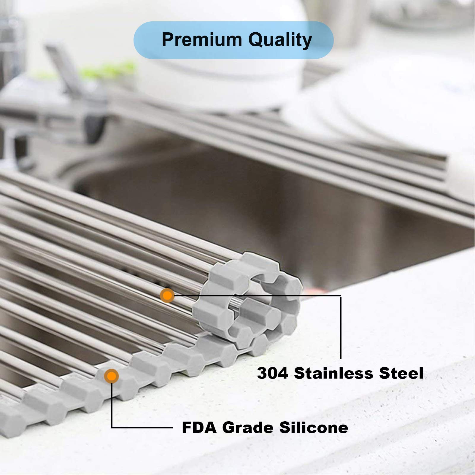 Searik Foldable Stainless Steel Dish Drying Rack - Over The Sink Space Saving Kitchen Organizer (20.5