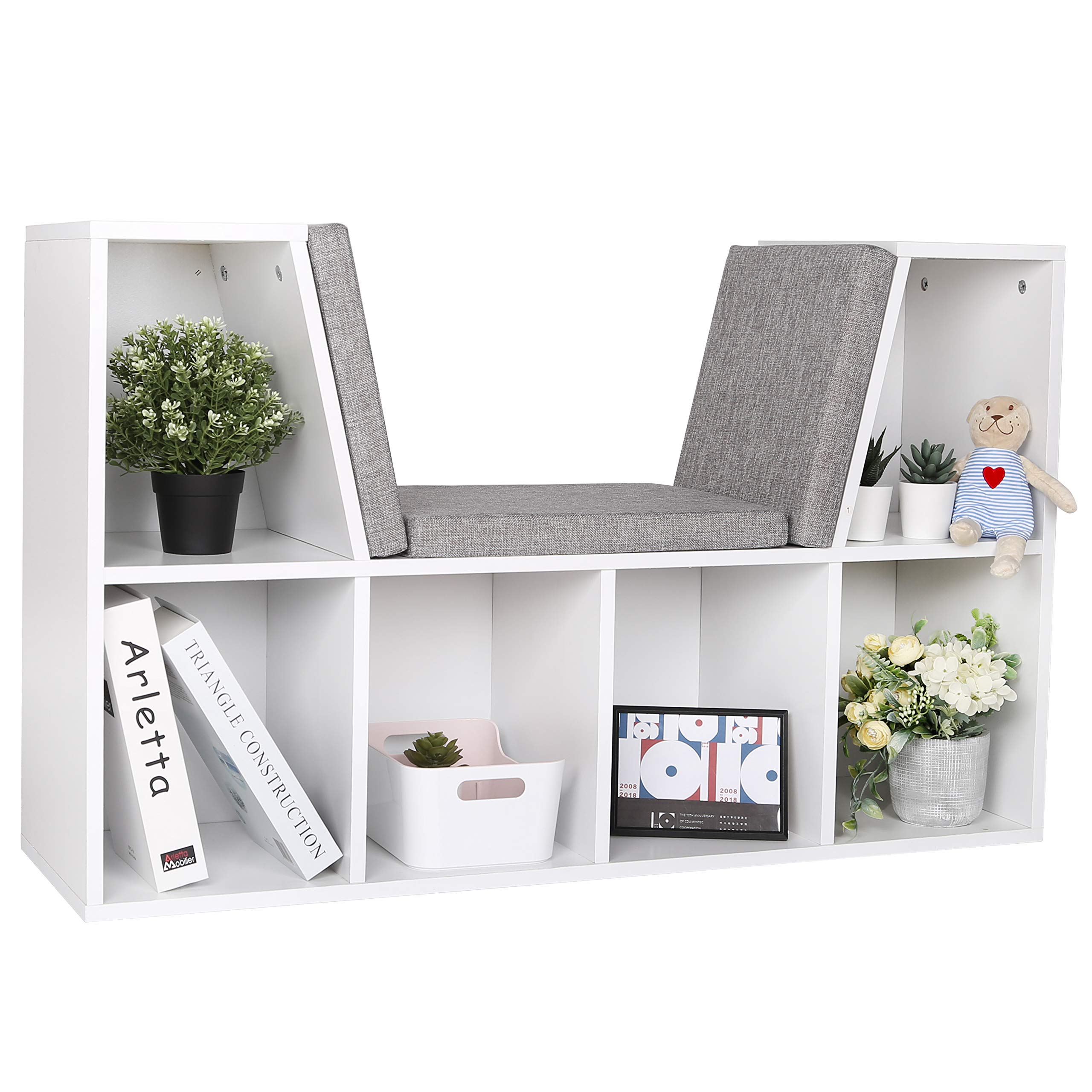 VEIKOU 6-Cubby Kids Bookcase with Reading Nook & Grey Cushion - White Children's Bookshelf Organizer for Bedroom, Playroom, or Classroom - Perfect for Storytime and Reading Corners