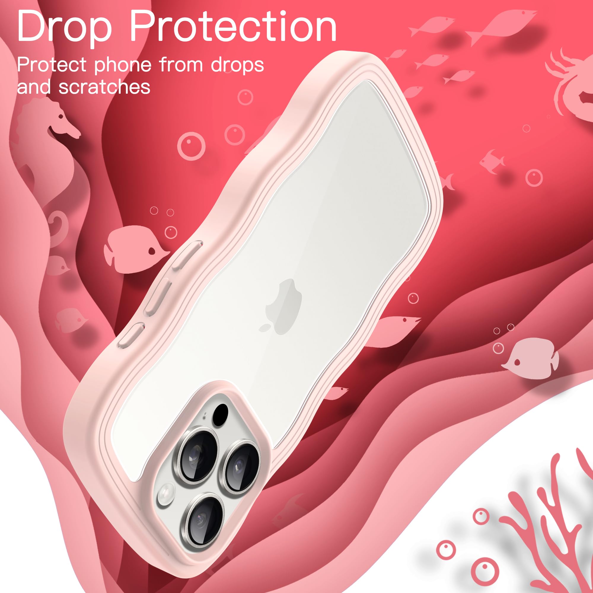 JETech Cute Pink Wave Frame iPhone 15 Pro 6.1-Inch Case - Shockproof Clear Hard PC Cover for Women & Girls - Perfect for Everyday Use, Work & Travel