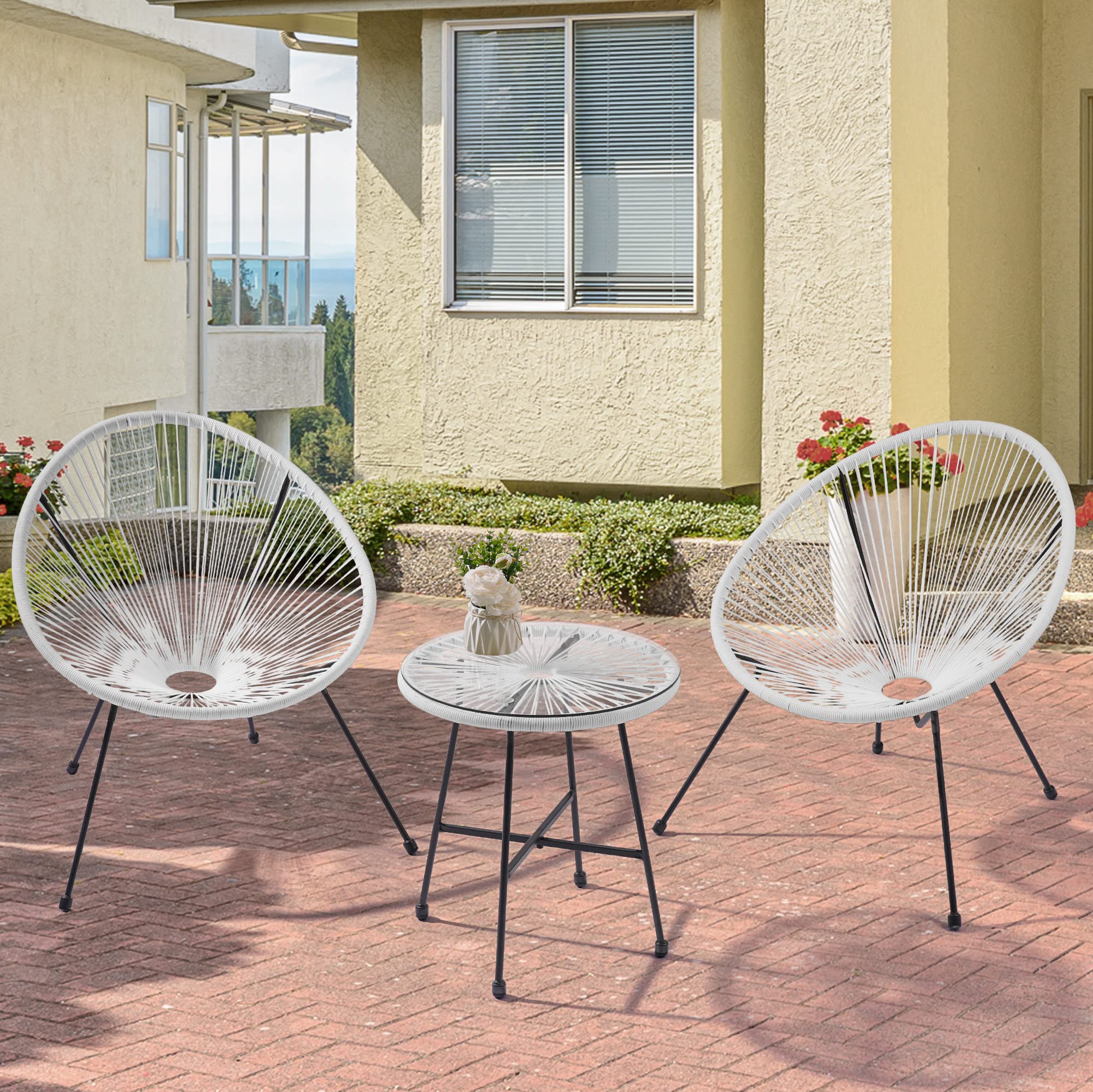 3-Piece Patio Furniture Set - Acapulco Chair with Tempered Glass Table & 2 Chairs, Waterproof Wicker Outdoor Seating for Garden, Balcony, Poolside (White) - Perfect for Relaxing, Entertaining & Sunbathing