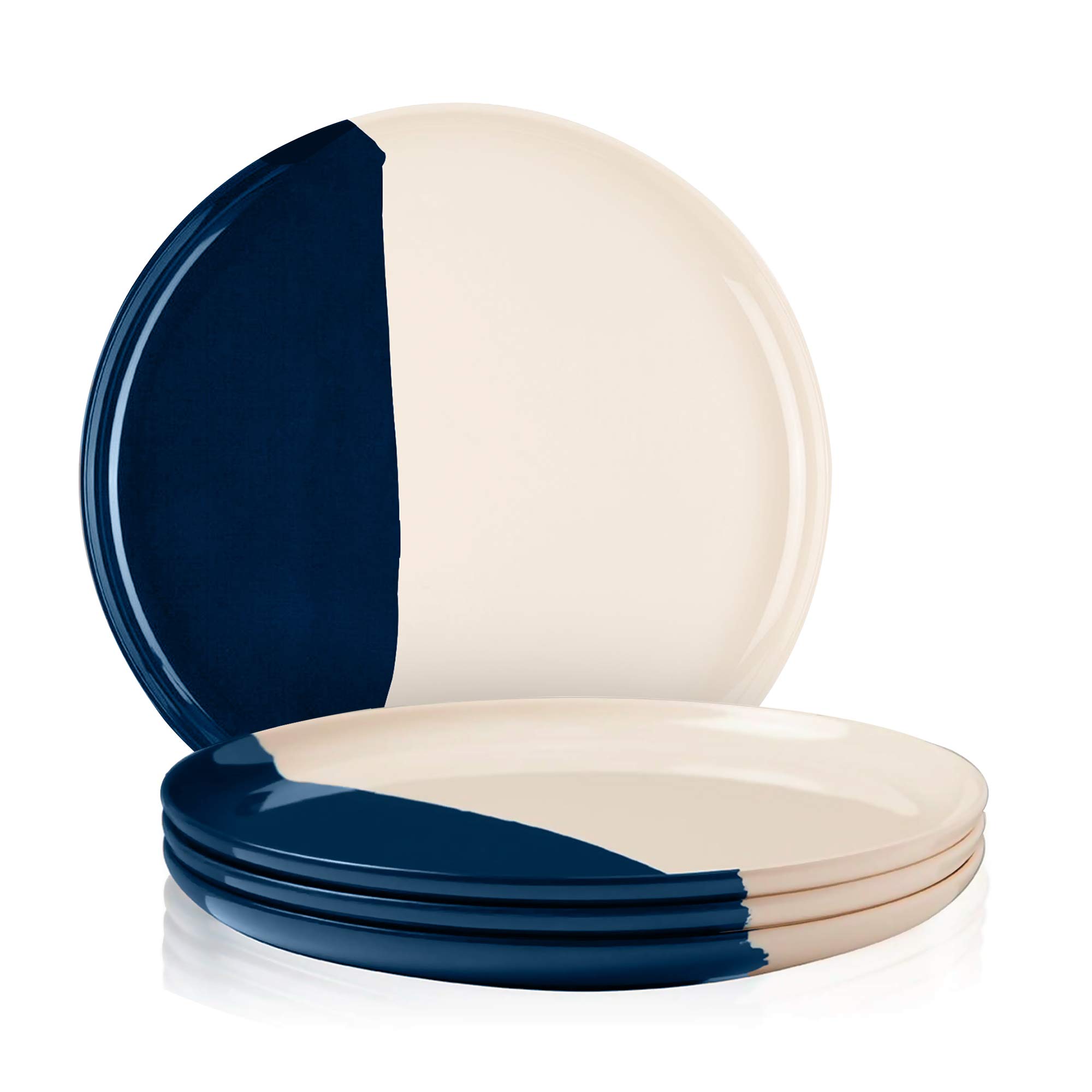 Durable Melamine Dinner Plates Set of 4 - Break & Chip-Resistant, Dishwasher Safe Dinnerware for Kids & Adults - Perfect for Indoor, Outdoor, Picnics & Parties (Ivory/Navy)