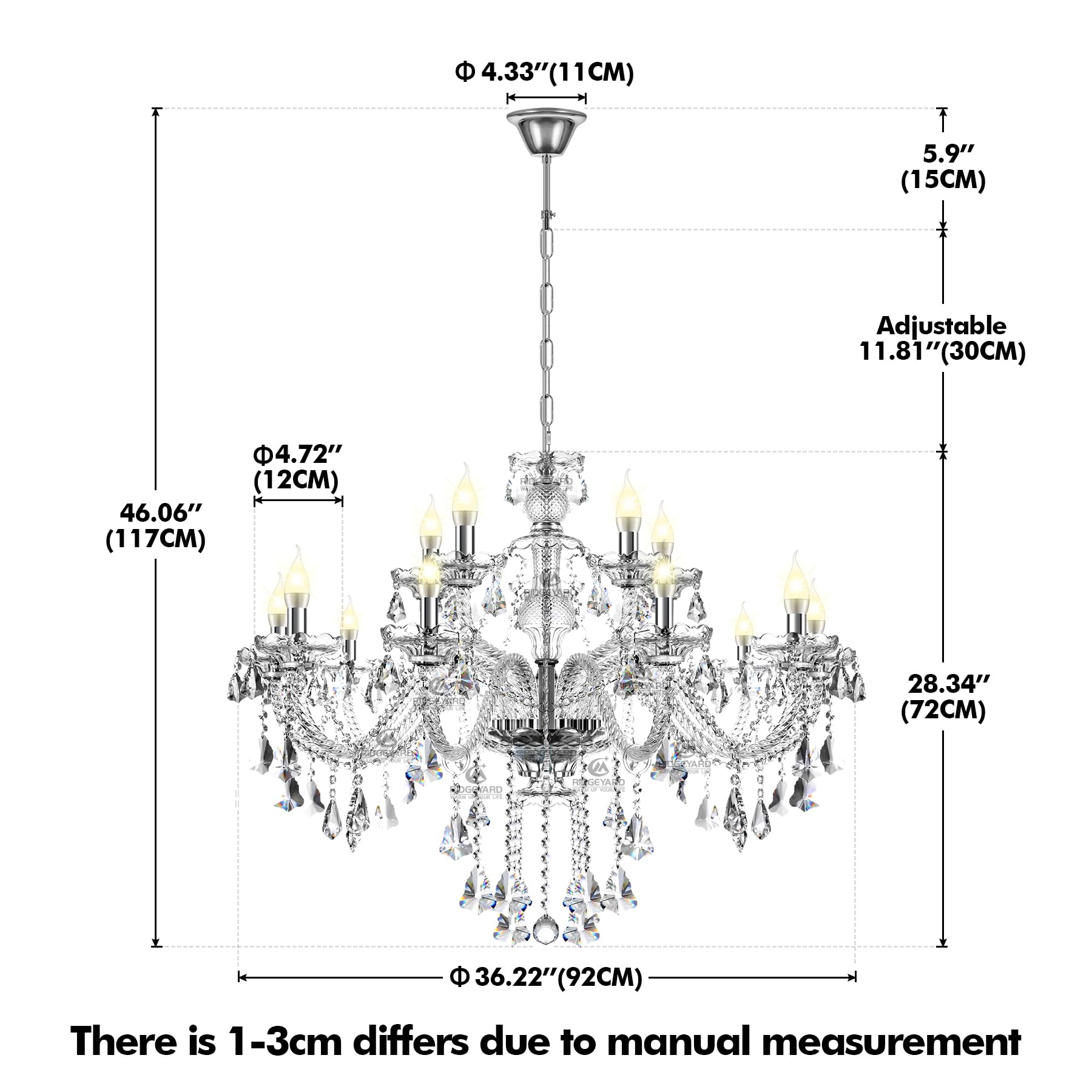 Ridgeyard 15-Light Crystal Chandelier - Modern Clear Crystal Pendant Ceiling Light Fixture for Dining Room, Living Room, Bedroom, Hallway & Entryway | Elegant Lighting for Weddings, Restaurants & Luxury Homes