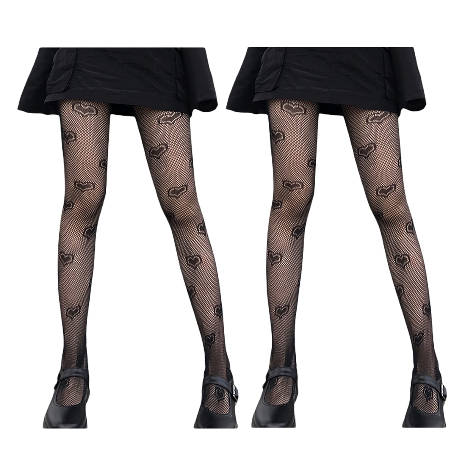 Sexy Hollow Out Pantyhose with Skull & Heart Design - High Waist Fishnet Tights, Gothic Stockings & Warm Fleece Leggings for Women (One Size, 2-Pack) - Perfect for Halloween Costumes, Gothic Fashion & Winter Layering