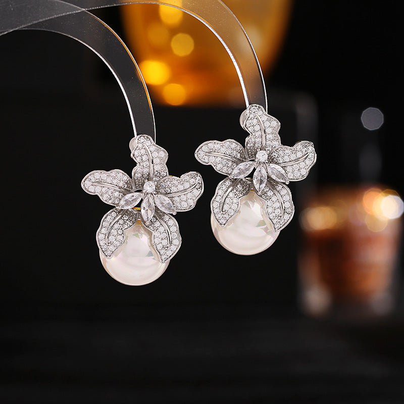 Bauhinia Style Zircon Pearl Earrings for Women - Elegant Wedding Jewelry, Bridal Accessories, Birthday Gift for Her - Perfect for Bridal Shower, Anniversary & Special Occasions