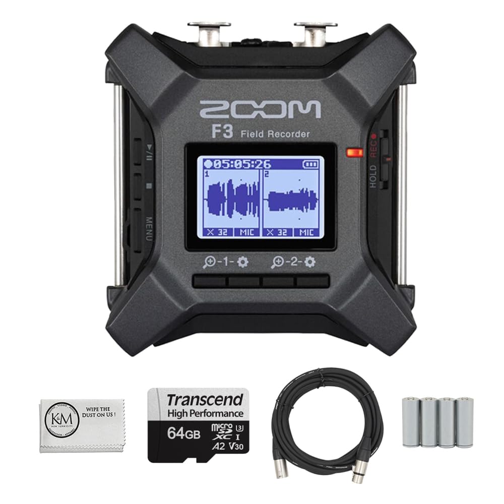 Zoom F3 32-bit Float MultiTrack Audio Recorder Bundle - Includes 64GB Micro-SD Card, AA Batteries, 20ft XLR Cable & Cleaning Cloth (5-Piece Kit) | Perfect for Field Recording, Podcasting & Music Production