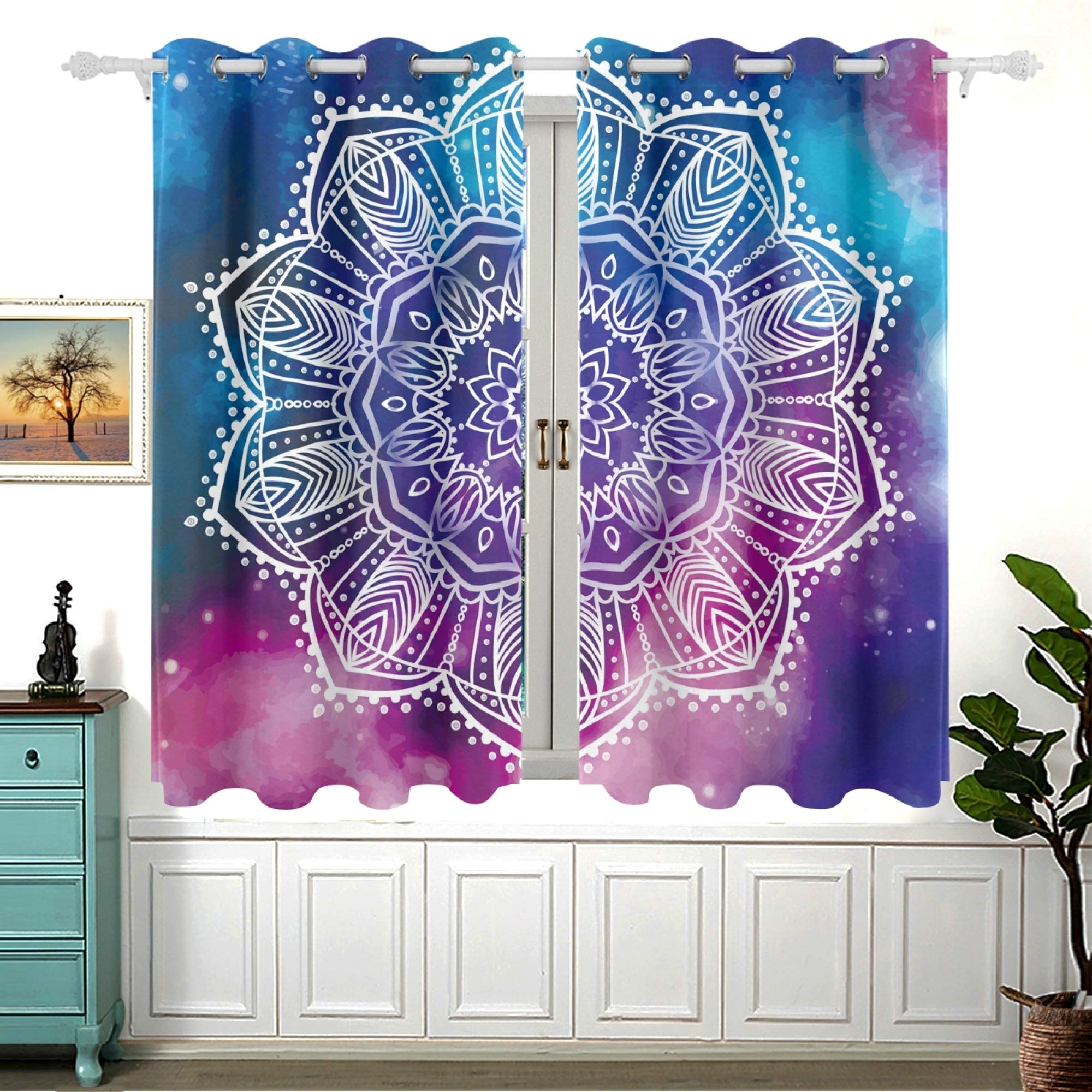 Galaxy Lotus Mandala Blackout Curtains Set of 2 Panels - 54 Inch Length Room Darkening Window Drapes with Grommets for Bedroom & Living Room | Perfect for Night Shift Workers, Light Sleepers & Home Theater Setup