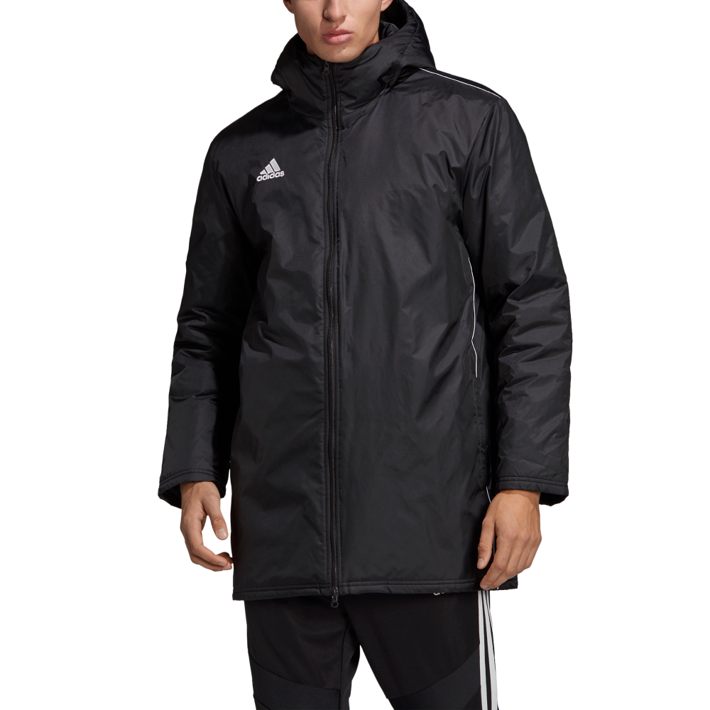 Adidas Core 18 Stadium Jacket for Men - Lightweight Windbreaker with Hood, Black & White Athletic Jacket - Perfect for Running, Training & Outdoor Sports