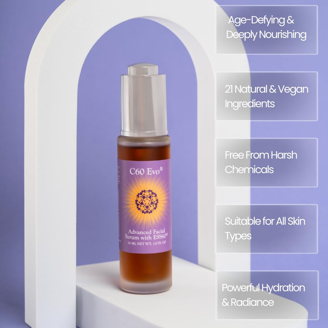 C60 EVO Advanced Facial Serum - Pure C60 ESS60 for Deep Nourishment & Anti-Aging | Vegan Skincare with 21 Natural Ingredients (1 oz) | Perfect for Night Routine & Wrinkle Reduction