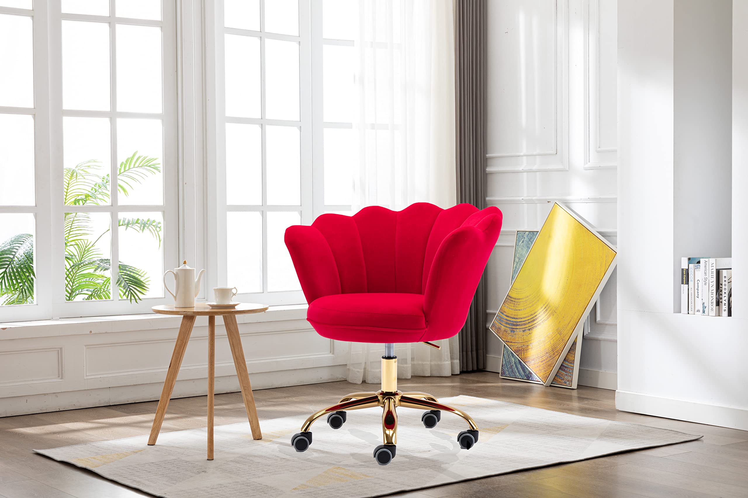 Modern Velvet Home Office Chair - Adjustable Height Swivel Task Desk Chair with Wheels for Living Room, Bedroom & Vanity Makeup Station (Red) | Perfect for Remote Work, Gaming & Beauty Routines