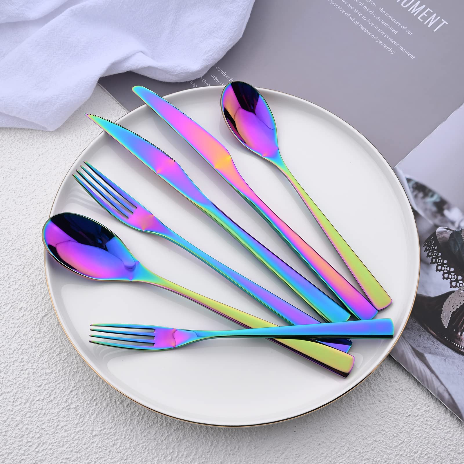 36-Piece Stainless Steel Flatware Set with Steak Knives - Rainbow Silverware Cutlery for 6 People - Mirror Polished, Dishwasher Safe - Perfect for Home, Hotel, Restaurant & Dinner Parties (Multicolor)