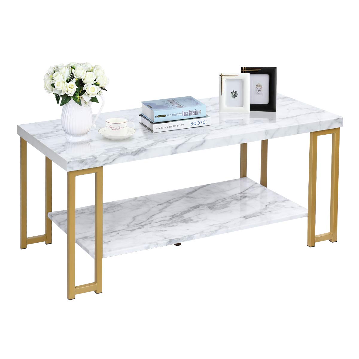 Giantex Modern 2-Tier Rectangular Coffee Table with Faux Marble Top & Gold Metal Frame - Accent Center Table for Living Room, Bedroom, Lounge - Perfect for Entertaining Guests or Relaxing with Coffee