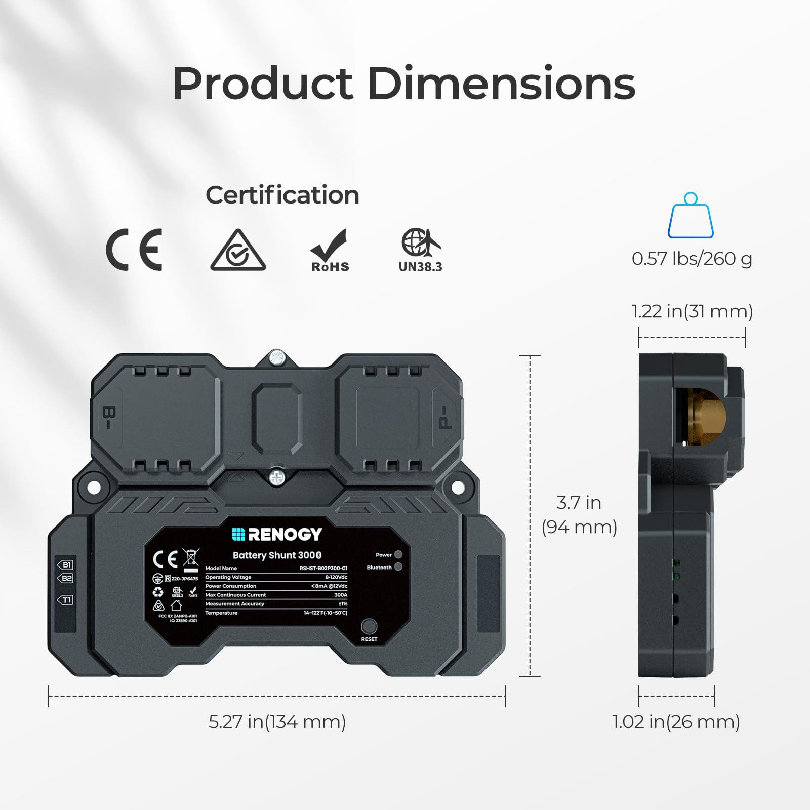 Renogy 300A Battery Monitor Shunt with LCD Display - Accurate Voltage & Current Tracking for RV, Marine, Solar Power Systems