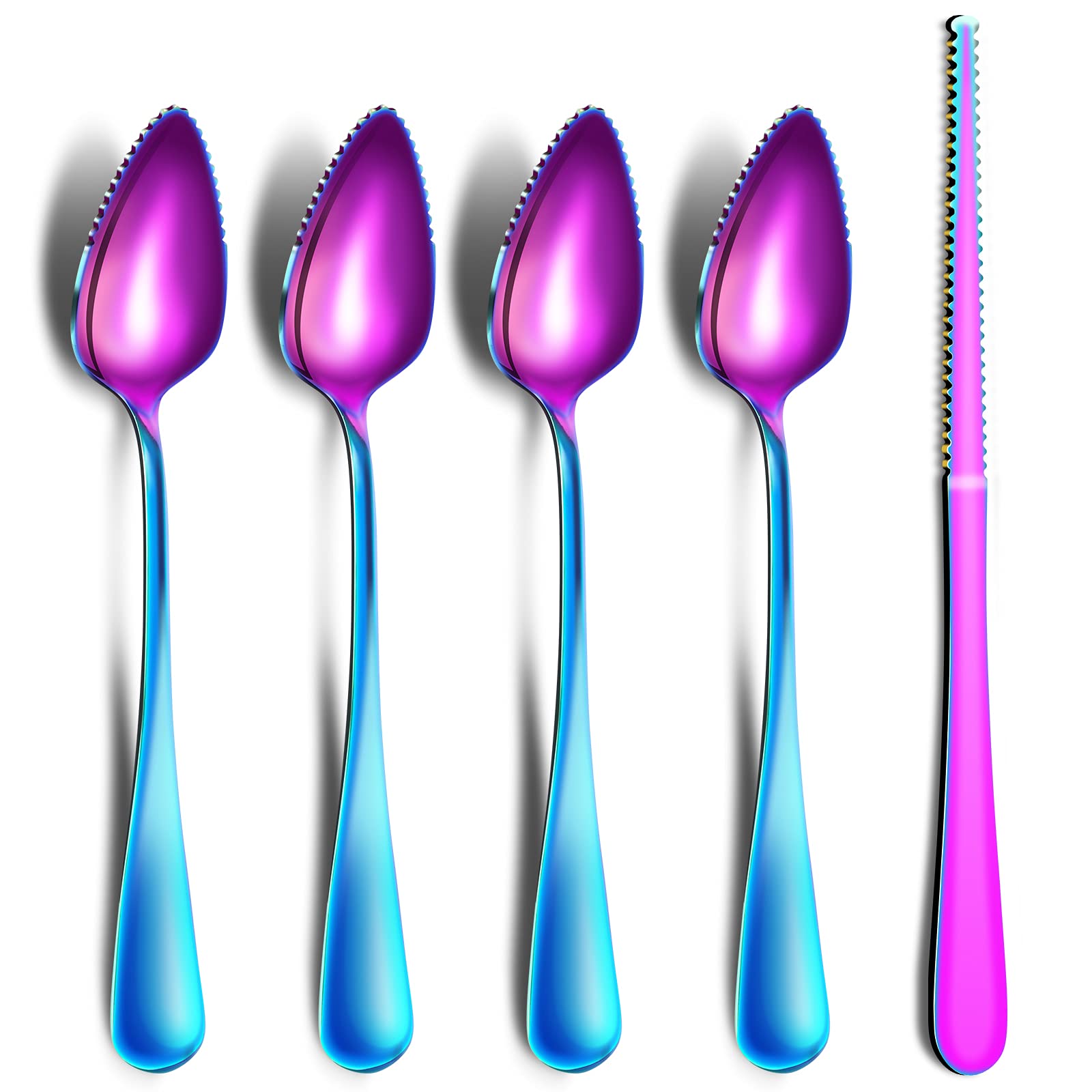 Premium Stainless Steel Grapefruit Spoons & Knife Set - Serrated Edge, Thick Handle, Non-Stick Plating - 5-Piece Rainbow Kitchen Utensils for Fruits, Desserts & Breakfast (Perfect for Grapefruit, Kiwi, Apple & More)