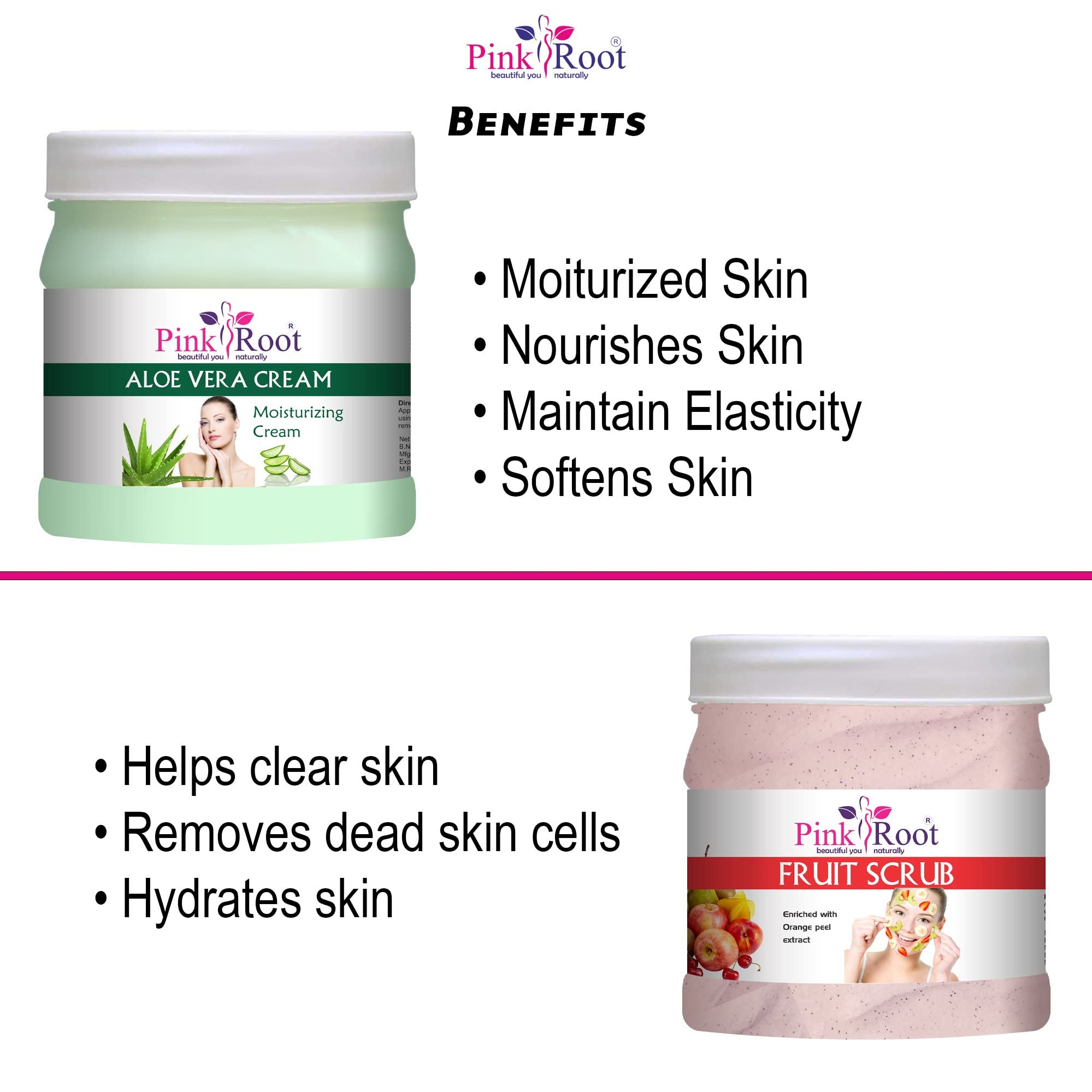 Natural Pink Root Aloe Vera Cream & Fruit Scrub Set - 500gm Each for Hydration & Exfoliation | Perfect for Dry Skin Care & Body Treatment