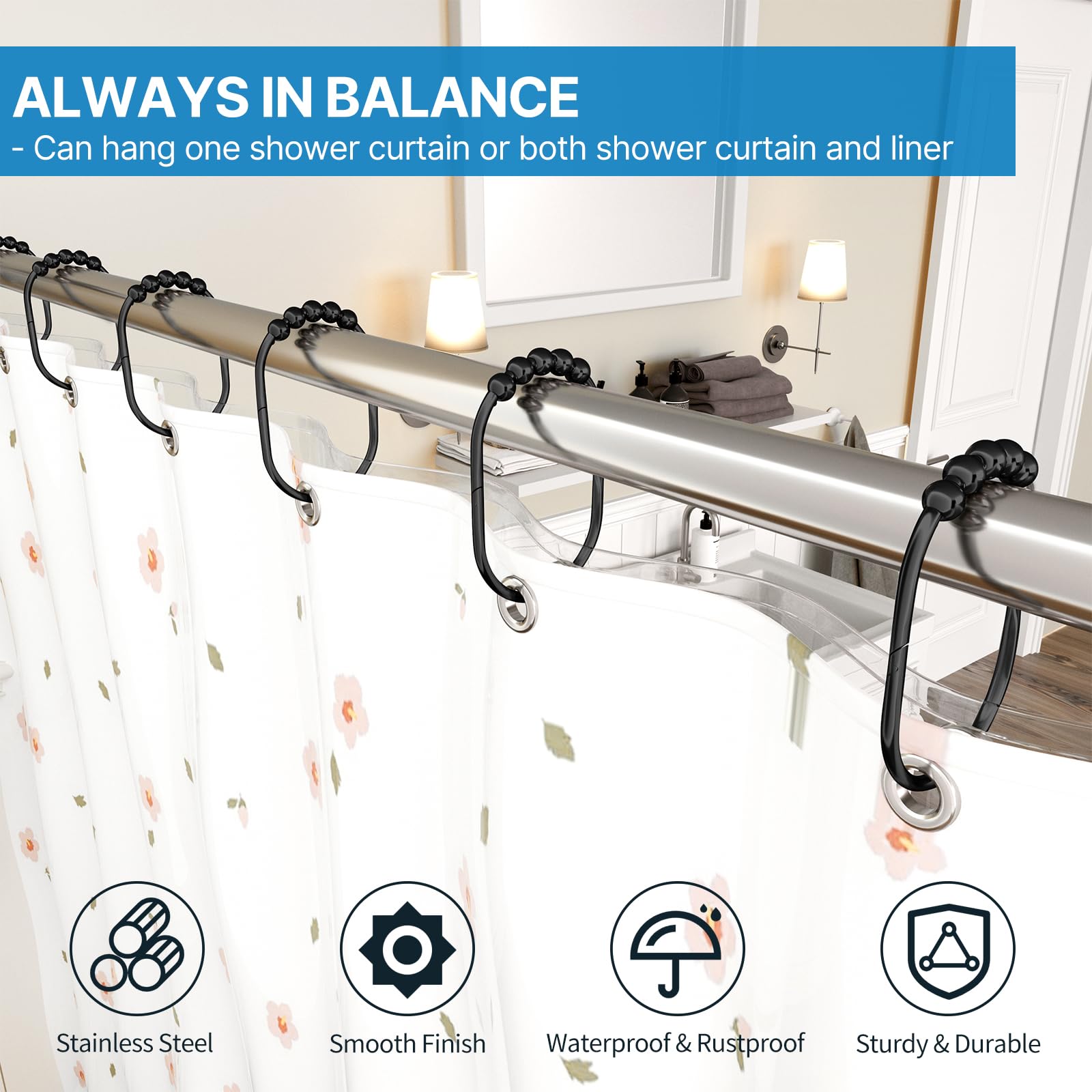 12PCS Stainless Steel Shower Curtain Hooks - Rust Proof Heavy Duty Bathroom Curtain Rings with Smooth Glide Rollers (Black, Set of 12) - Perfect for Bathroom, Hotel & Spa Decor