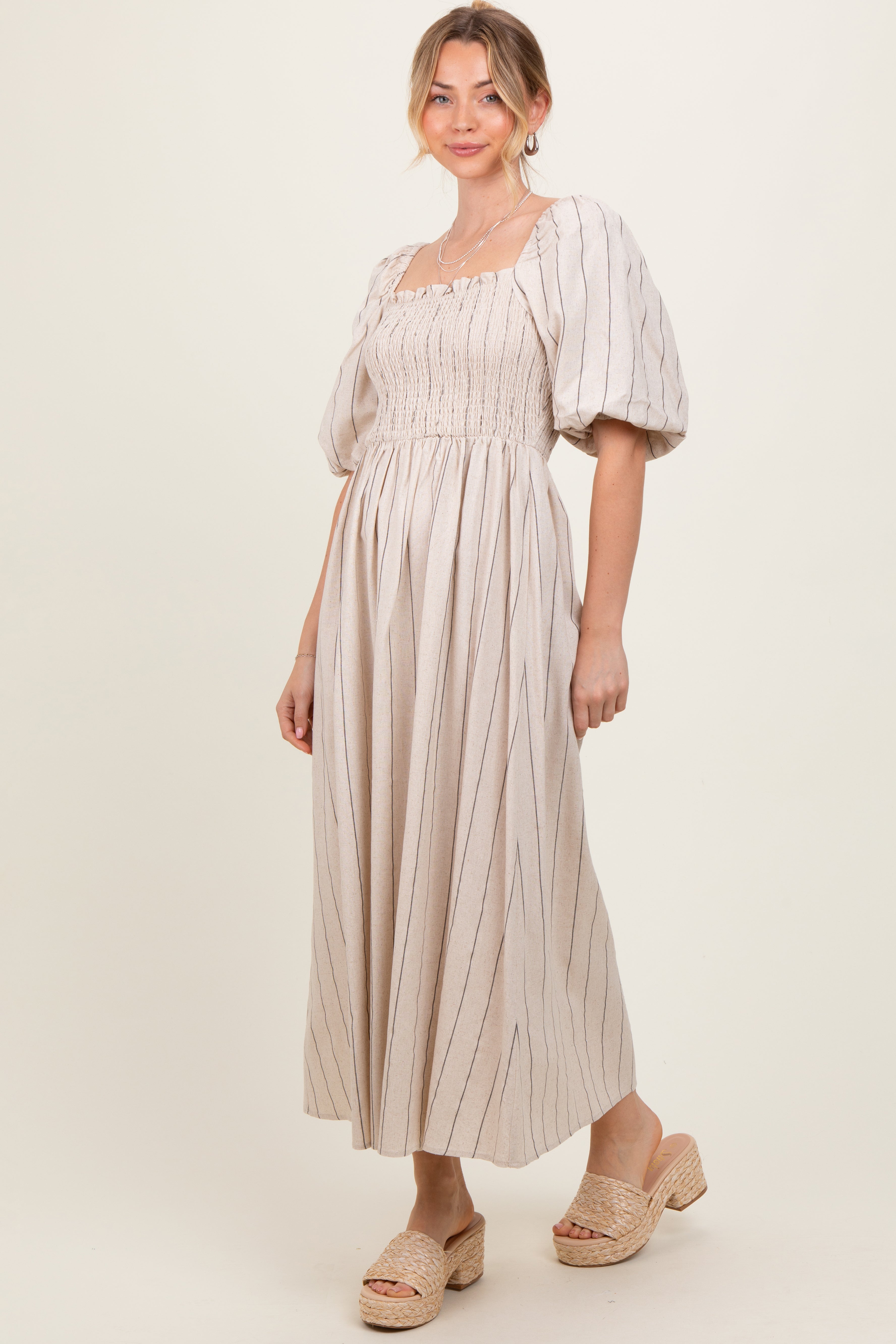 Beige Linen Stripe Puff Sleeve Midi Dress for Women - Summer Boho Chic Casual Dress with Flowy Ruffles - Perfect for Beach Vacations, Garden Parties & Date Nights