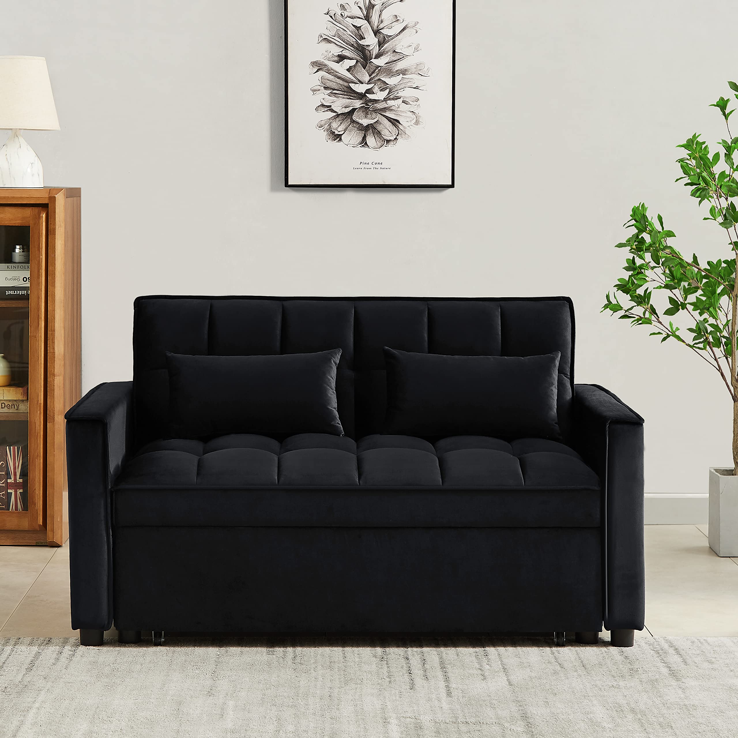 KLMM Modern Convertible Sofa Bed with Adjustable Backrest & 2 Lumbar Pillows - Velvet Loveseat Sleeper Sofa with Pull-Out Bed for Small Spaces | Perfect for Studio Apartments, Guest Rooms & Home Offices