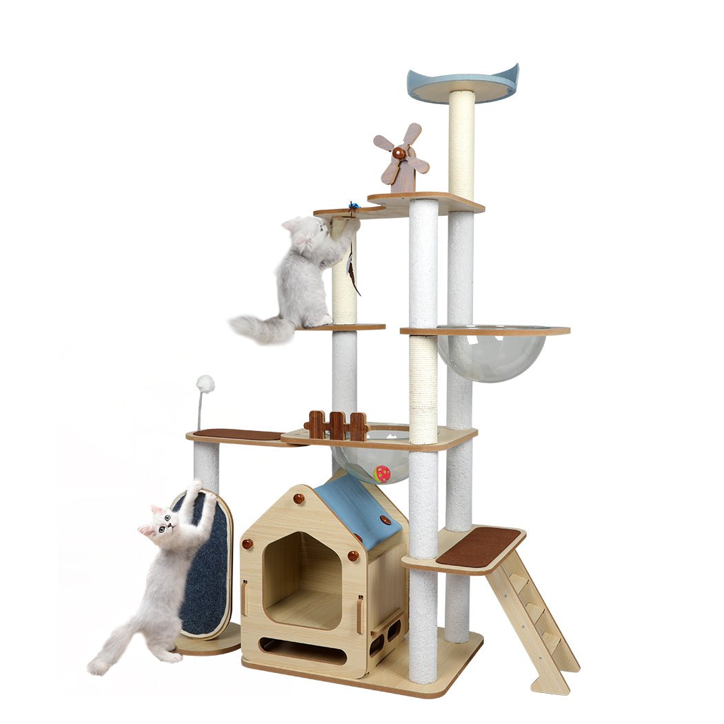 Premium 68-Inch Tall Windmill-Themed Wooden Cat Condo House - Multi-Level Cat Tree with Scratching Posts & Perches for Indoor Cats - Perfect for Play, Rest & Climbing in Living Rooms & Bedrooms