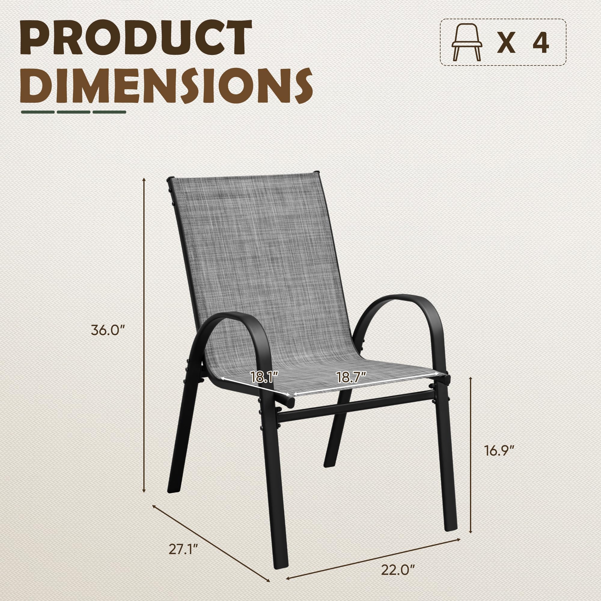 **Flamaker 4-Piece Stackable Patio Dining Chairs Set - Metal & Teslin Outdoor Chairs for Lawn, Deck, Balcony, Porch (Grey) - Perfect for Backyard BBQs, Poolside Relaxation & Garden Gatherings**