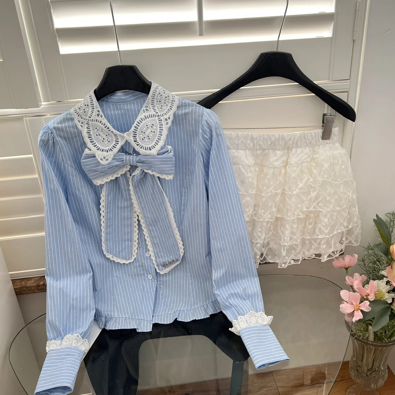 Women's Autumn 2-Piece Outfit - Blue Striped Lace Long Sleeve Lapel Blouse & High Waist Pleated Mini Skirt Set | Casual Office Wear & Date Night Outfits
