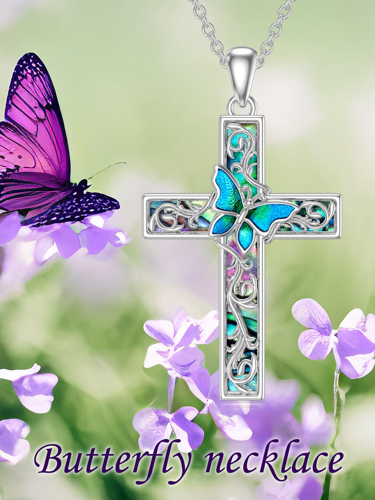 WINNICACA Sterling Silver Cross Necklace with Abalone Shell - Butterfly, Dragonfly, or Ladybug Pendant - Elegant Jewelry Gift for Women & Girls (Birthday, Anniversary, Christmas) - Perfect for Everyday Wear, Special Occasions & Gift Giving