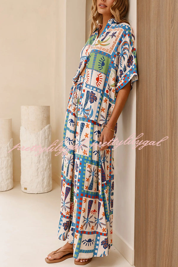 Stylish Floral Print Lapel Short Sleeve Blouse with Elastic Waist Casual Wide Leg Pants Set - Perfect for Summer Outfits, Beach Vacations & Boho Fashion