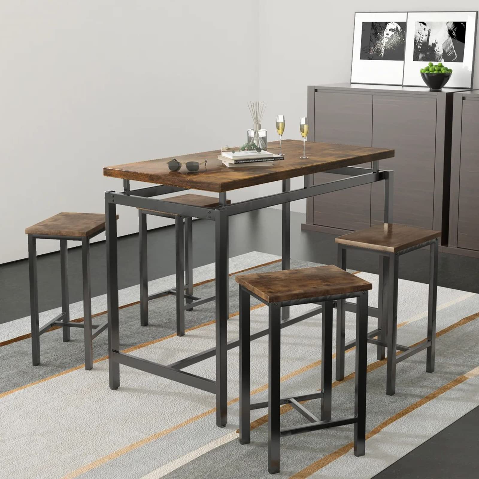 Modern 5-Piece Industrial Bar Height Dining Table Set for 4 - Kitchen & Pub Table with 4 Chairs - Perfect for Small Spaces, Breakfast Nooks & Compact Apartments - Durable Metal Frame & Wooden Tabletop for Casual Dining & Entertaining